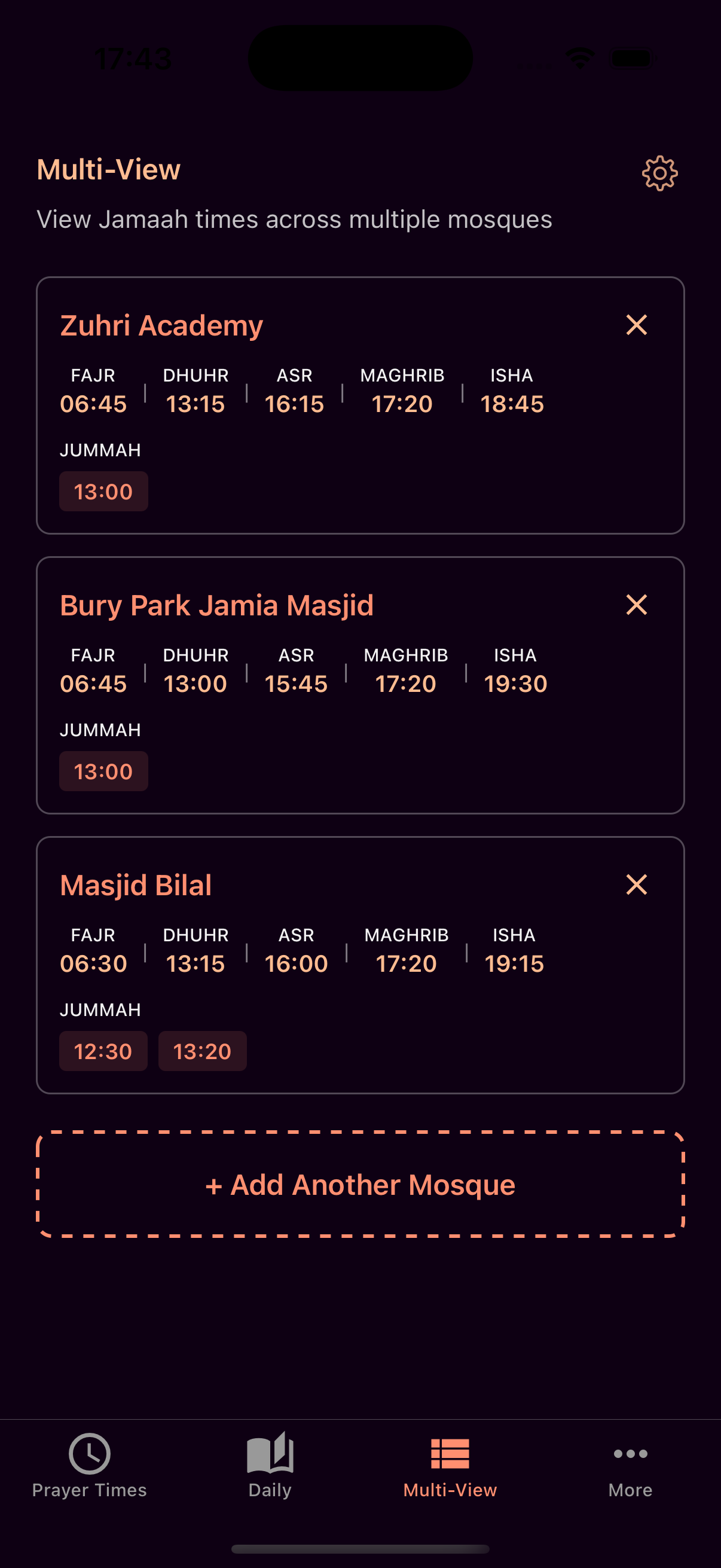 Daily Reminders screen with Names of Allah and Quranic verses